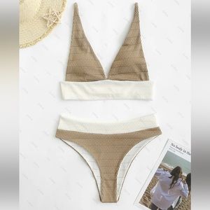 ZAFUL High Waisted Two Tone Textured Tankini Swimwear - Light Coffee